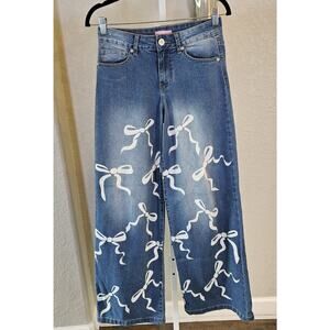 Lilac Sunset Medium Blue Wide Leg Bow Print Jeans Size 5 EUC Coquette